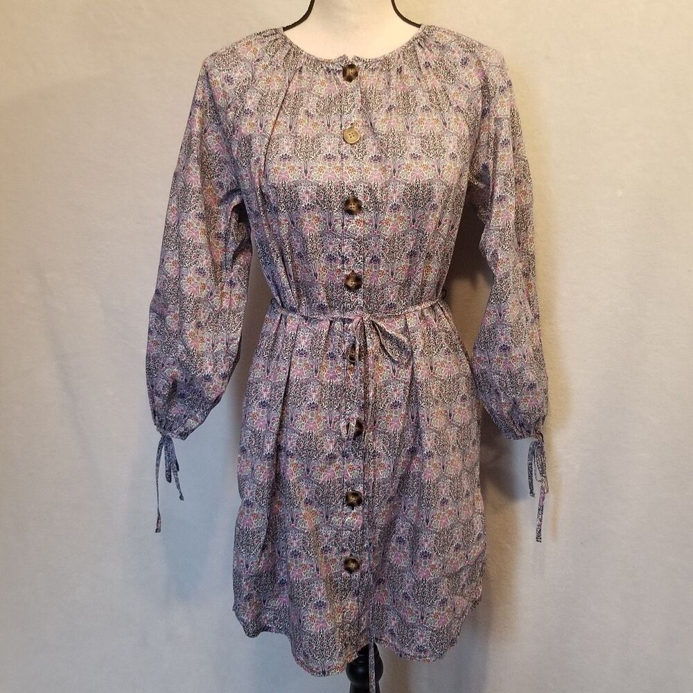 J. Crew XS Dress Mini Liberty of London Tie-Sleeve Button Front Belted Preppy